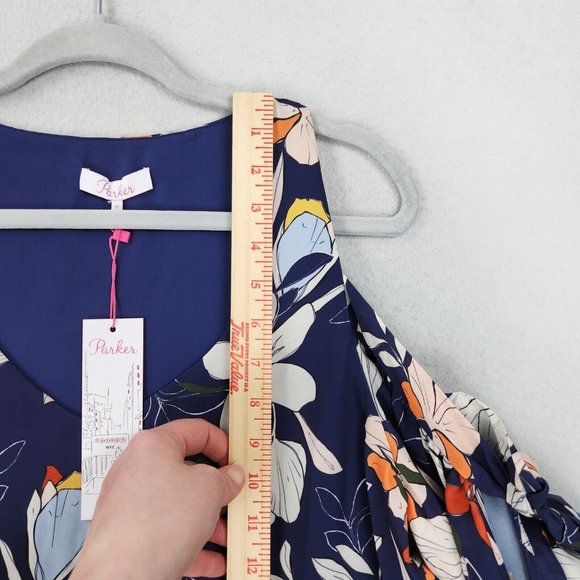 Parker Dress Womens Medium Blue Floral Moondance Shift Cold Shoulder Ruffle NEW - Picture 6 of 13